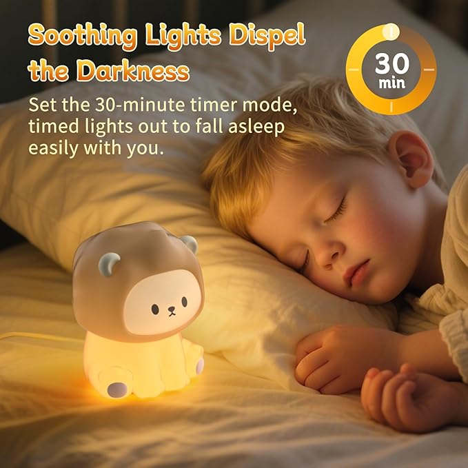 Cute Lion Night Light for Kids, Rechargeable Nursery Lamp with Timer, 3 Brightness Levels & Warm Light, Soft Silicone Baby Night Light, Tap Control, Gift for Toddlers