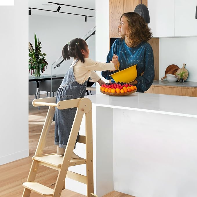 Foldable Toddler Tower 95% Preassembled Kitchen Stool Helper Folding Step Stool for Kids with 3 Adjustable Height Montessori Toddler Standing Tower for Kitchen Counter Sink Natural