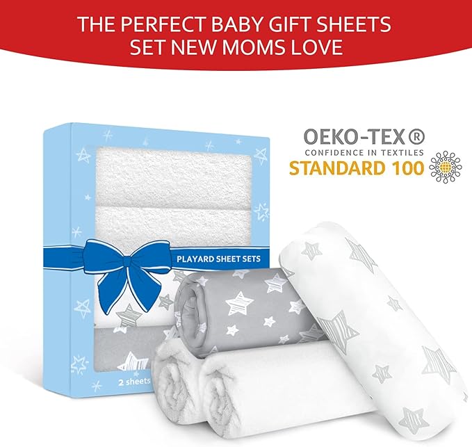 Pack and Play Sheets & Waterproof Terry Pack N Play Mattress Protector Pad Cover 4 Pack, Viscose Terry Pack N Play Sheets Set, Grey & White