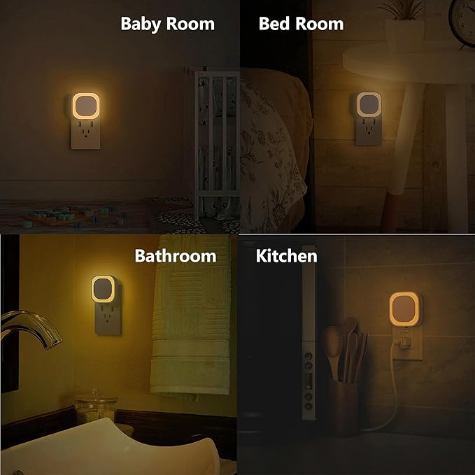 2 Pack Plug in Dimmable Night Light, Square Nightlight, Auto Dusk to Dawn Sensor, Soft Glow, Diffused Light, Golden Yellow Light for Bathroom, Hallway, Stairs, Kitchen, Bedroom, Garage