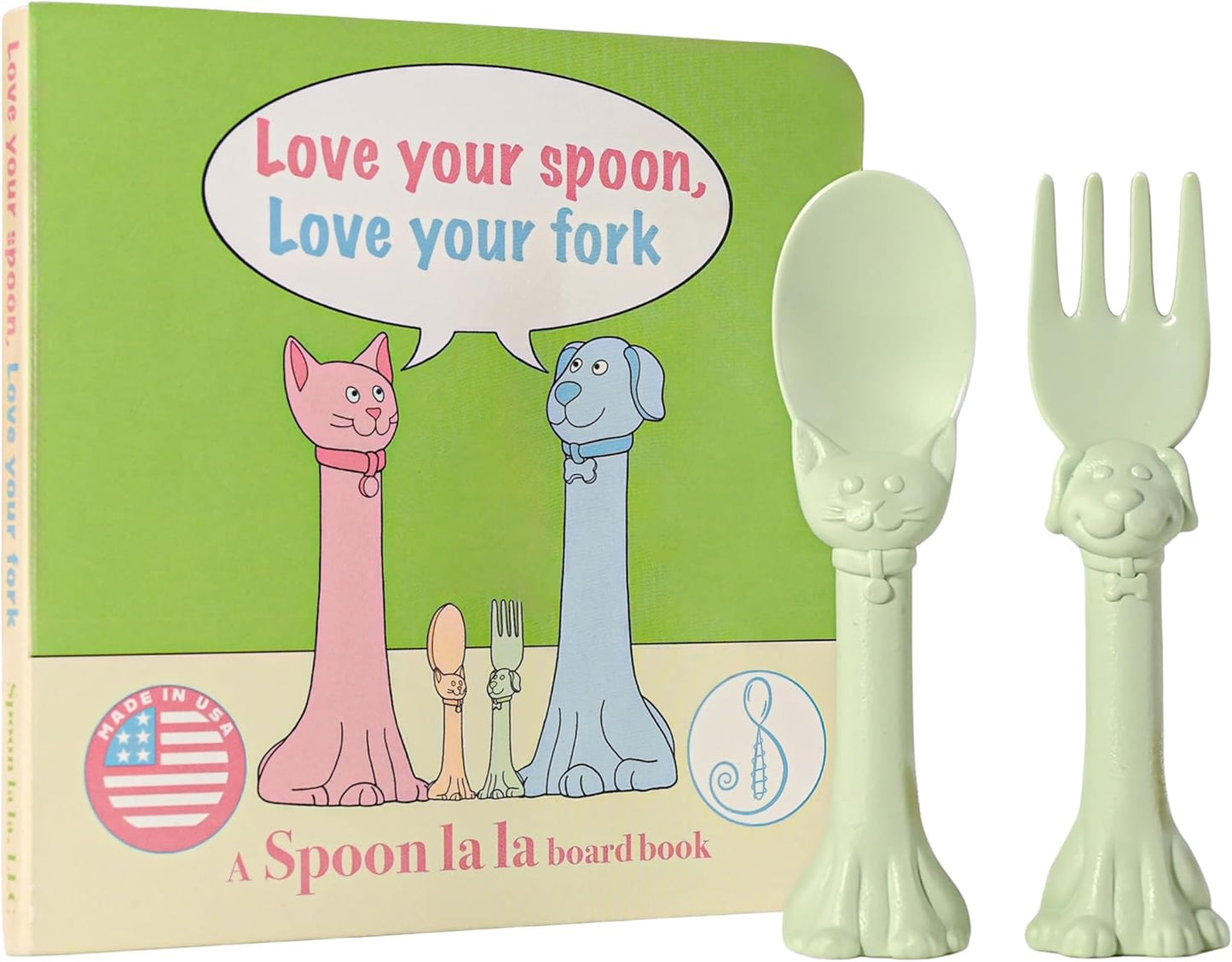 Made in USA Spoon la la Toddler Utensils Set (2 Pack) & Board Book - Spoon & Fork for Kids, Self-Standing 3D Ergonomic Cat & Dog Handles, BPA-free, Dishwasher Safe Baby Silverware (Mint Green)