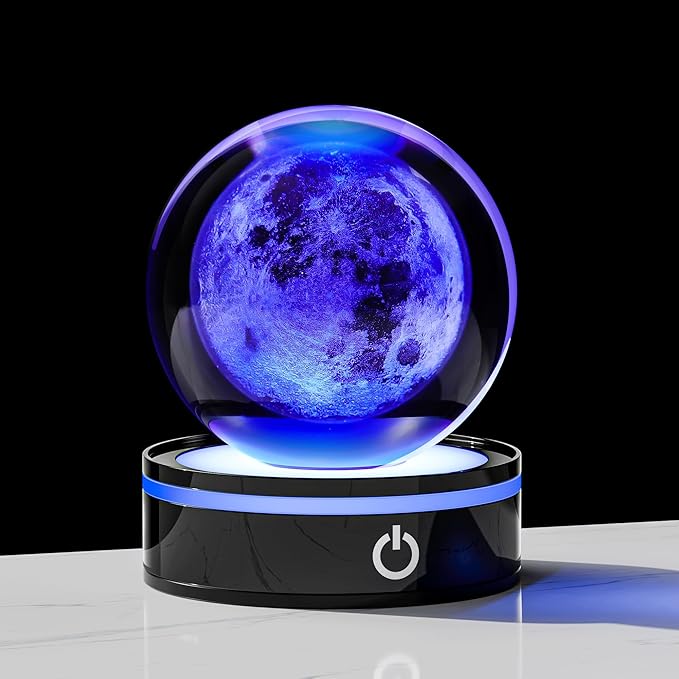 3D Moon Model Crystal Ball Led Lamp Base - Space Decor World Globe Planets Sphere Night Light 80mm 3.15 Inch - Solar System Decor Best Birthday Astronomy Gifts for Men Physics Science Teacher