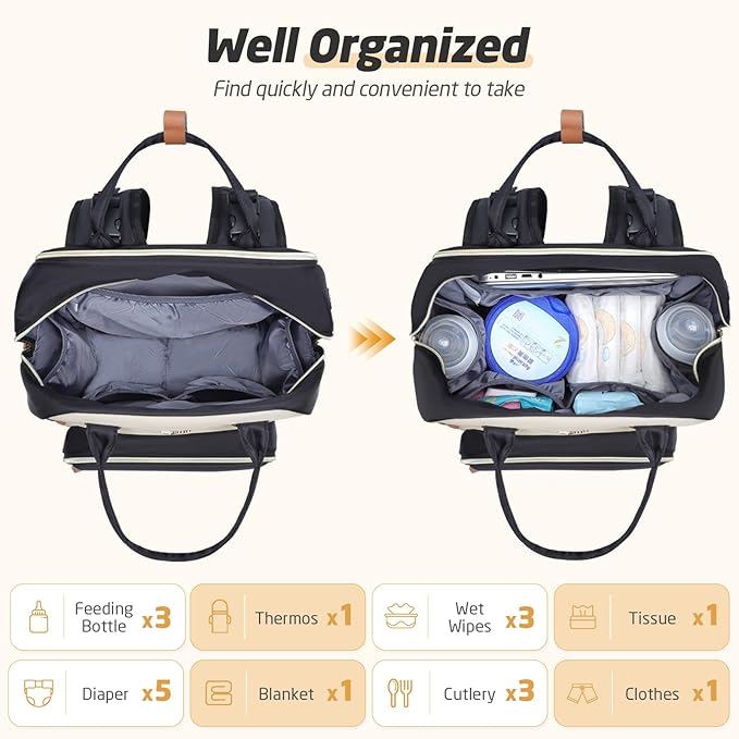 Diaper Bag Backpack - Extra Large Diaper Bag for 2 Kids Twin, Travel Baby Bags for Mom Dad 25-37L Expandable with Changing Pad Earphone Hole, Apricot Black