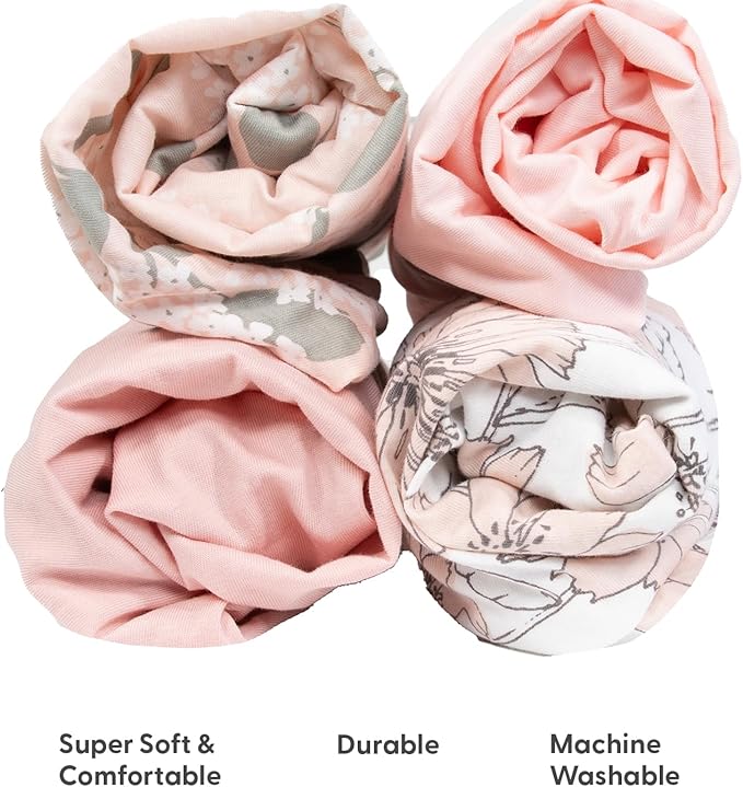 The Peanutshell Baby Organic Bassinet Sheets 4-Pack Unisex - Soft, Oval & Rectangle Baby Girls or Boys Sheet, 100% Jersey Cotton, Fitted Covers for Crib, Halo Bassinet Mattress - Cottage Floral