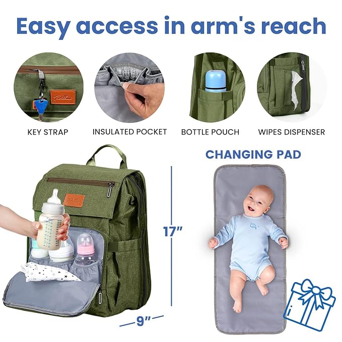 PILLANI Baby Diaper Bag Backpack - Large Bag for Boys & Girls, Waterproof Diaper Backpack - Travel Diaper Bags w/Changing Pad, Baby Registry Search & Shower Gifts - Essentials Must Haves Newborn Stuff