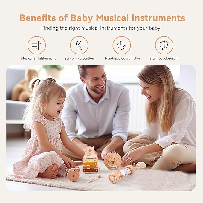 Baby Musical Instruments - Your Child's First Musical Toys with Castanet Rainmaker Tambourine Xylophone - Baby Friendly Design Wooden Instruments Set Grow with Your Boys and Girls