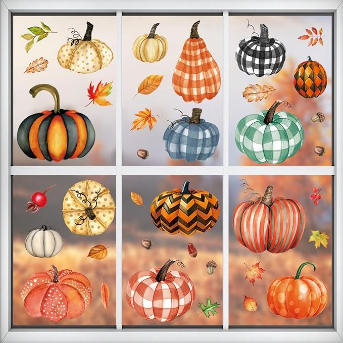 6 Sheets Pumpkin Window Stickers Thanksgiving Window Clings Double-Sided Fall Leaves Window Stickers Decor Autumn Window Clings for Glass Windows Holiday Home Kitchen Office Decorations DIY Supply