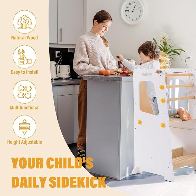 Toddler Standing Tower, Toddler Step Stool with White Board&Convertible Table and Chair, Kitchen Stool Height Adjustable with Safety Rail, Helper Tower for Kids Cooking