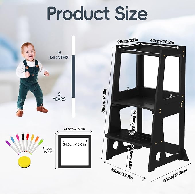4 in 1 Kitchen Step Stool Helper for Toddlers, Toddler Learning Standing Tower with Whiteboard 2 in 1 Convertible Table and Chair, Widened Platforms for Little Ones Kitchen Counter Bathroom Sink