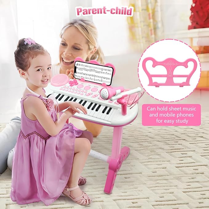 31-Key Rose Pink Kids Piano Toy Keyboard with Bench - Portable Electronic Multi-Functional Music Instrument with Microphone, Ideal Christmas & Birthday Gift for Girls & Kids Aged 3-5 Years Old