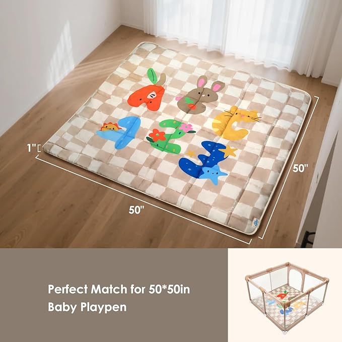 Baby Play Mat, Foldable Play Mats for Floor, 50x50 Inches Crawling Mat for Playpen with Anti-Slip Bottom, Machine Washable, Thicken Padding Foam Playmats for Babies and Toddlers (Sand Checks)