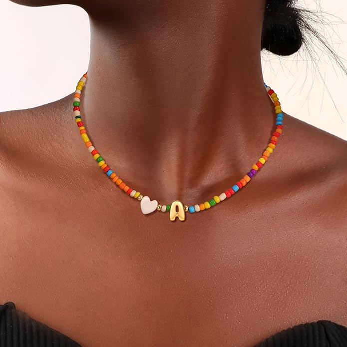 Colorful Initial Necklaces for Girls Women, 14K Gold Plated Bubble Initial Pendant Heart Shell Necklace Jewelry Christmas Gifts for Teen Girls Kids