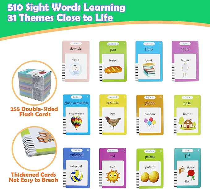 MAYAPHILOS Spanish and English Bilingual Talking Flash Cards with 510 Sight Words, Learning Toys for Toddlers Autism Learning Materials Montessori Toys for Toddlers