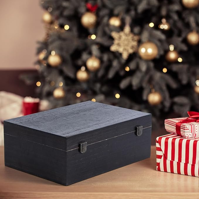 Black Wooden Storage Box with Hinged Lid and Front Clasp, 12.2''x8.6''x4.7'' Large Wooden Box, Wood Gift Boxes for Crafts Art Hobbies and Valentine's Day Decoration