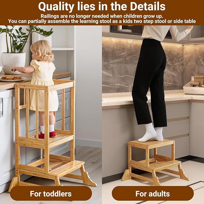 COSYLAND Toddler Step Stool Height Adjustable – Portable Kids Kitchen Stool Helper with Stabilizing Base Block – Toddler Standing Tower for Bathroom Kitchen Living Room Dining Room (Natural)