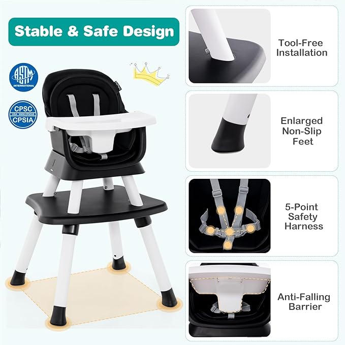 KOTEK Baby High Chair, 8 in 1 Convertible Highchairs for Babies and Toddlers, Building Block Table, Booster Seat, Toddler Chair with Removable Tray, Safety Harness, Dual Cushions (Black)