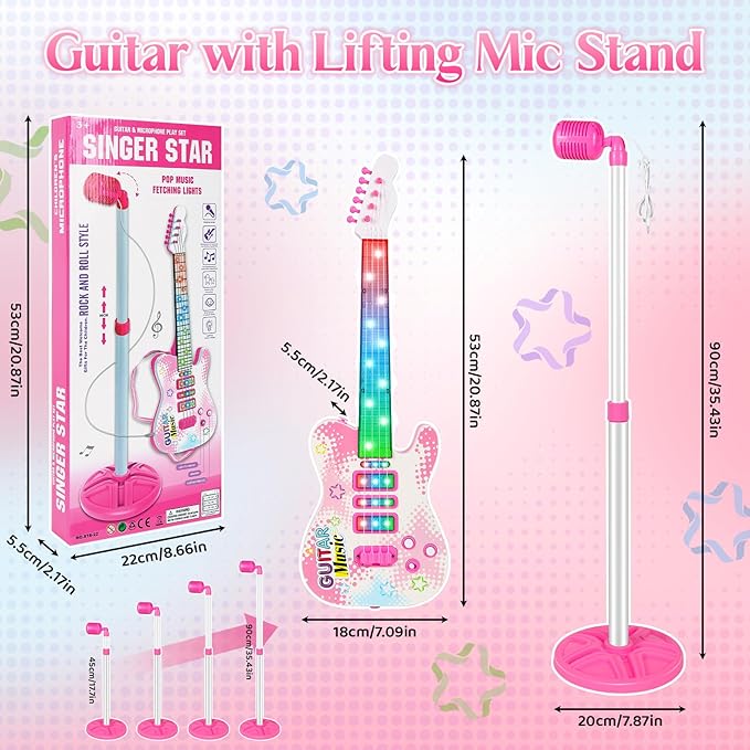 Electric Guitar and Microphone Set for Kids, Toddlers Musical Instruments Starter Kit with Guitar Microphone Lifting Stand, Pink Karaoke Machine with Mic for Boys Girls Infant Christmas Gifts