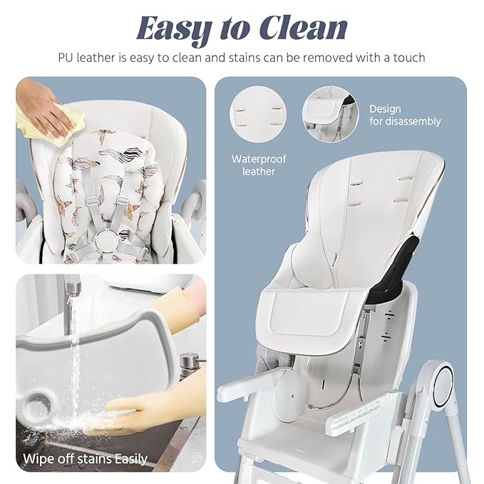 5 in 1 Baby High Chair Swings for Infants Foldable Rocking 8 Level Height Adjustment Eco Friendly Washable PU Cushion(White)