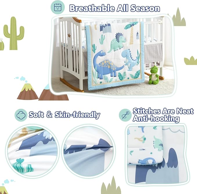 Wowelife Dinosaur Crib Bedding Set for Boys Light Blue, Premium 3-Piece Baby Bedding Set, Nursery Crib Set, Newborn, Infant & Toddler Nursery Bed Set, Light Blue Dinosaur