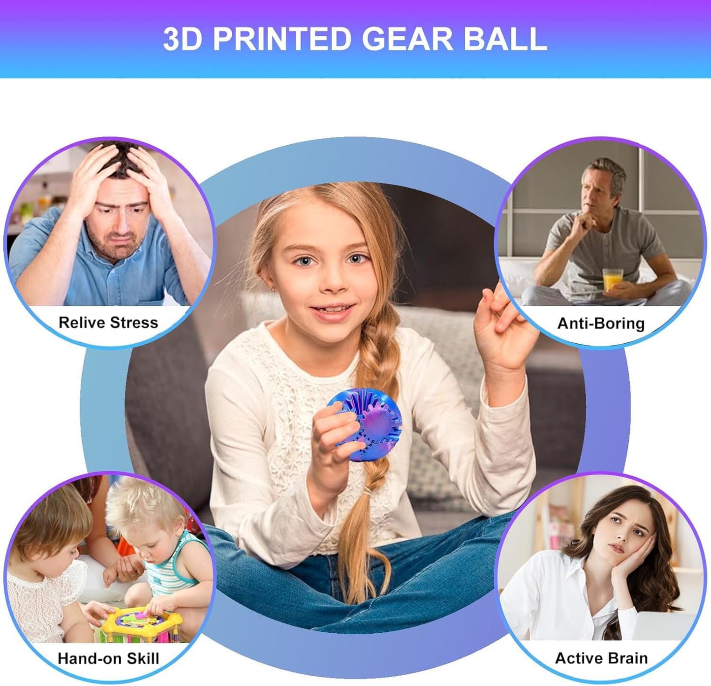 3D Printed Gear Ball Spin Ball Cube Fidget Toy Gear Sphere Gear Ball Fidget Toy Relieving Stress & Anxiety Fidget Ball Desk Toy Stress Ball Gear Toy for Stress (Red-Blue, 10*10cm)
