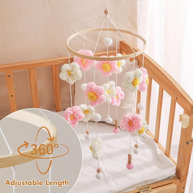 Baby Crib Mobile, Pink and White Flower Mobile for Boys and Girls, Baby Mobile for Bassinet, Baby Bedroom Hanging Nursery Decor Gift Set