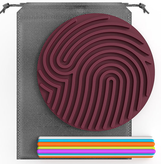 Silicone Sensory Activity Board, Silent Fidget Toys for Calming, Anxiety, Stress, ADHD and Autism, Kids 3+ & Adults, Portable with Travel Bag & 13 Colored Strings (Burgundy-Round Shape)