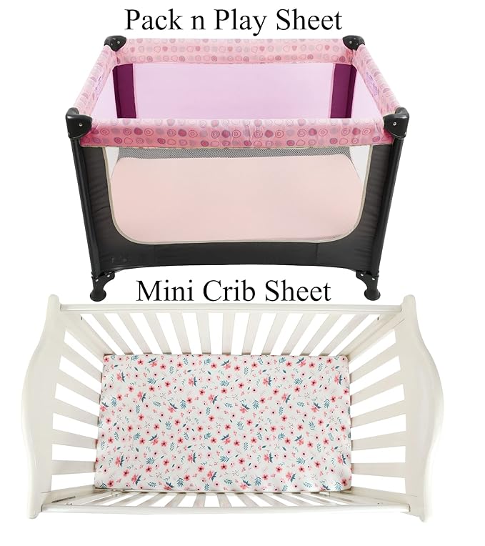 Pack n Play Sheet Stretchy Fitted Portable Mini Crib Sheets Set 3 Pack,Playard Sheets Convertible Playard Mattress Cover,Ultra Soft Jersey Material,Floral,Grey Rabbit & Pink