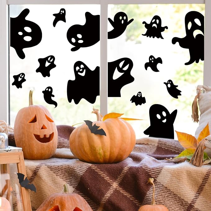 Whaline 9 Sheets Halloween Window Clings Black Ghost Silhouette Reusable Window Decals for Spooky Holiday Haunted House Home School Office Glass Decor