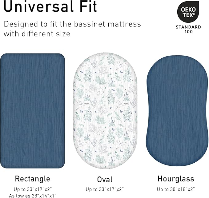 Muslin Bassinet Fitted Sheets, 2 Pack for Baby Boy and Girl, Soft Breathable Baby Pad/Mattress Sheet, Fit for Hourglass Oval and Rectangle Bassinet Mattress (Blue Deer)