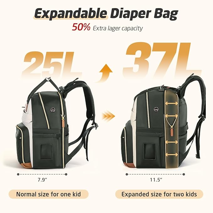 Diaper Bag Backpack - Extra Large Diaper Bag for 2 Kids Twin, Travel Baby Bags for Mom Dad 25-37L Expandable with Changing Pad Earphone Hole, Apricot Grey