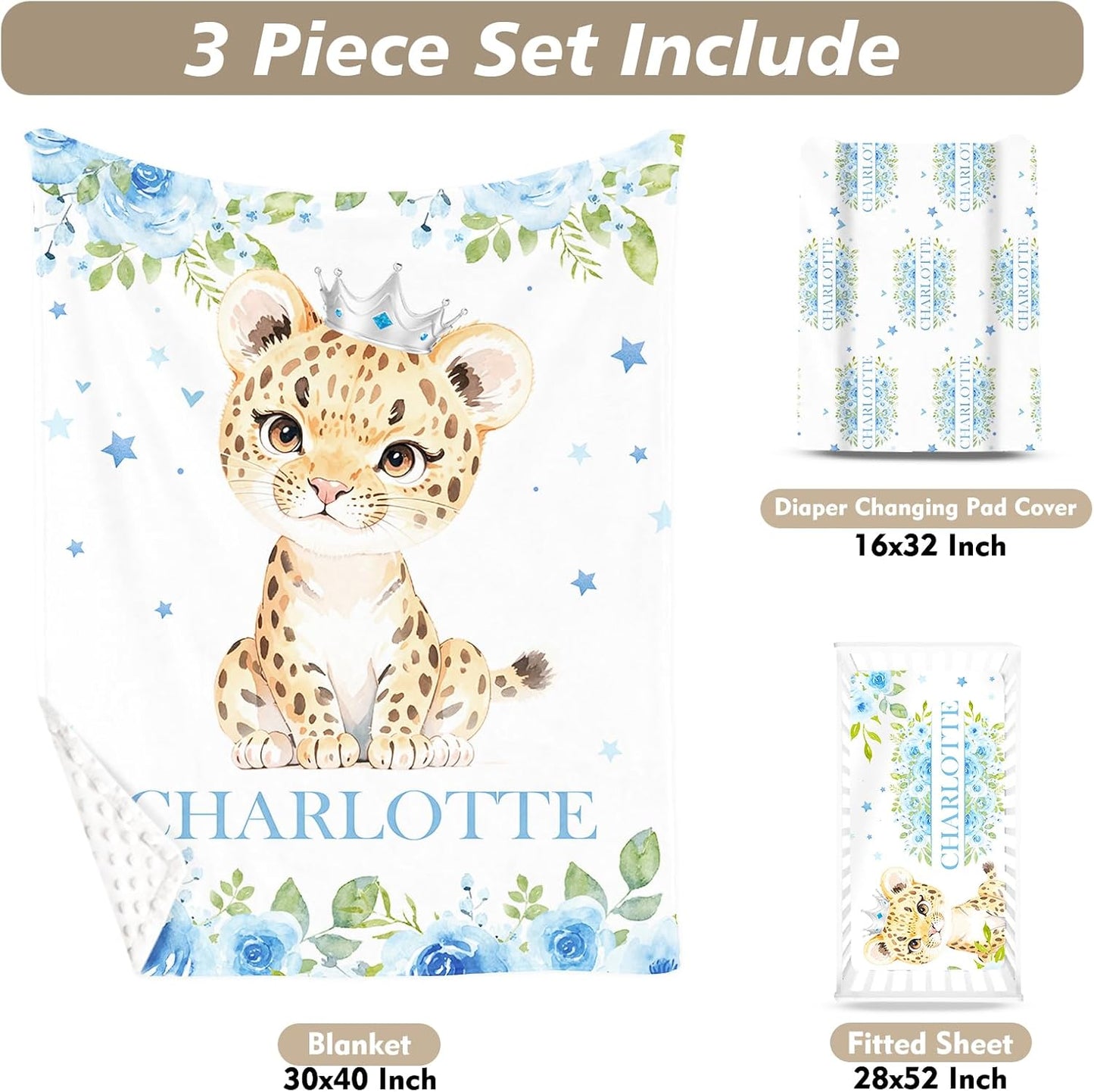 Custom Name Crib Bedding Set - Blue Floral Leopard Pattern, Personalized Nursery Bedding 3-Piece Set– Soft Blanket, Fitted Sheet, Changing Pad Cover – for Newborns Girls Nursery Gifts
