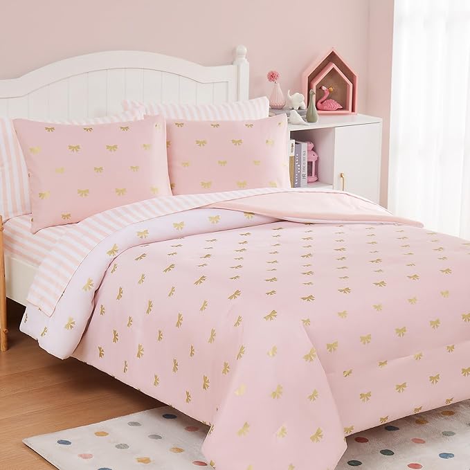 Queen Comforter Set with Sheets for Girls-7 Pieces Queen Bedding Sets with Pink Comforter, Sheets, Pillowcases & Shams for Kids (Pink Gold Bow, 90" X 90")