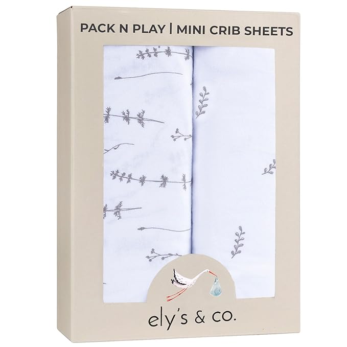 Ely’s & Co. Pack and Play Sheets, for Mini/Portable Crib, 2 Pack Fitted Playpen Play Yard Sheet Set Compatible with Graco Pack n Play, for Baby Boys/Girls, 100% Cotton, Forest Grey Floral, 38”x24”x5”