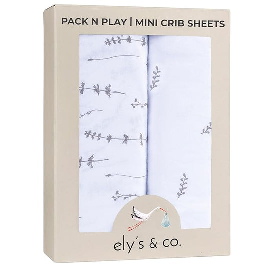 Ely’s & Co. Pack and Play Sheets, for Mini/Portable Crib, 2 Pack Fitted Playpen Play Yard Sheet Set Compatible with Graco Pack n Play, for Baby Boys/Girls, 100% Cotton, Forest Grey Floral, 38”x24”x5”