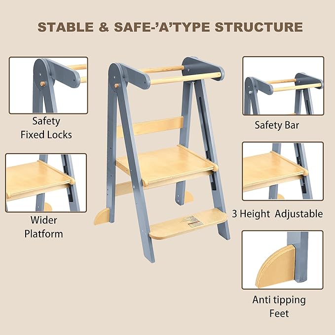 Foldable Toddler Tower Preassembled Kitchen Stool Helper, Folding Tower for Learning with 3 Adjustable Heights Montessori Toddler Standing Tower Kids Collapsible Wooden Step Stool, Light Gray
