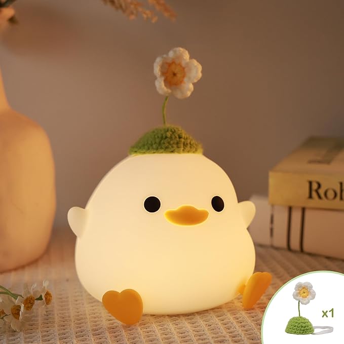 Attivolife Cute Duck Night Light, Animal Soft Silicone LED Lamp with Dimmable and Timer, Portable USB Rechargeable Bedroom Bedside Table Decor, Birthday Christmas Gifts for Girl Boy (Flower Hat)