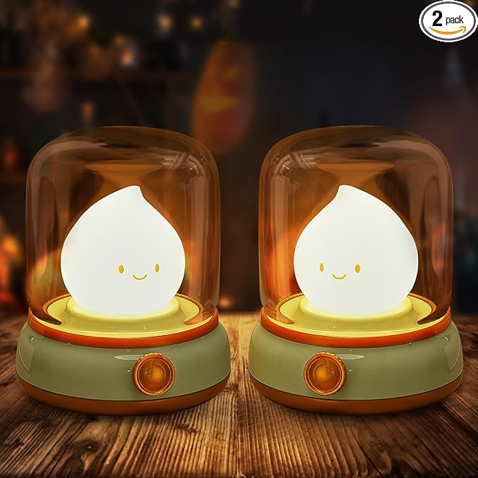 2Pack Ghost Campfire Night Light, Small Cute Desk Lamp, Dimmable Cordless Bedside Table Lamp, Rechargebale Battery Oprated Warm Night Light for Bedroom/Kids/Baby Nursery, Vintage Ambient Lighting