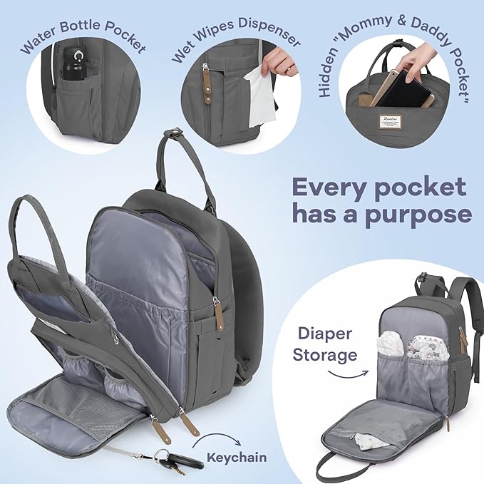 RUVALINO Diaper Bag Backpack, Multifunction Travel Back Pack Maternity Baby Changing Bags, Large Capacity, Waterproof and Stylish, Iron Gray