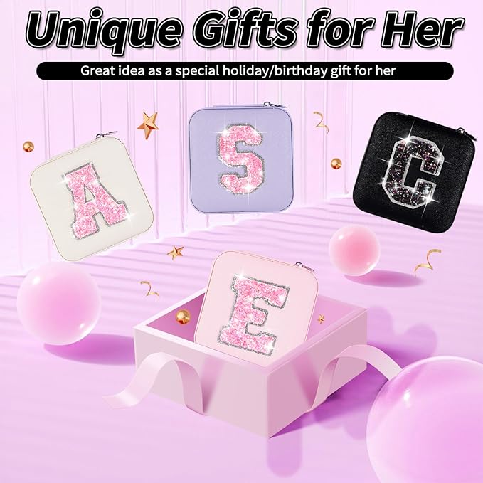 Personalized Jewelry Case for Women Girls - Fashion Mini Jewelry Boxes - Trendy Travel Jewelry Organizer with Initials Letter - Teen Gifts | Black,V