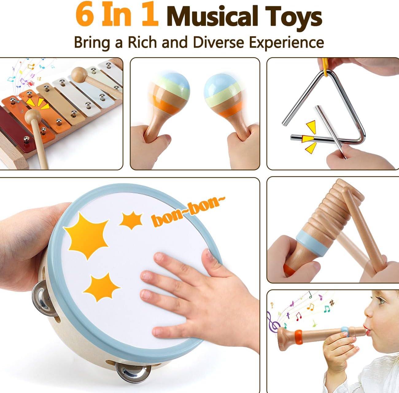 Baby Musical Instruments - Montessori Musical Toys for Toddlers 1-3, Wooden Percussion Instruments Set, Neutral Colors Modern Boho Music Toys for 1 Year Old, Kids Preschool Educational Birthday Gifts