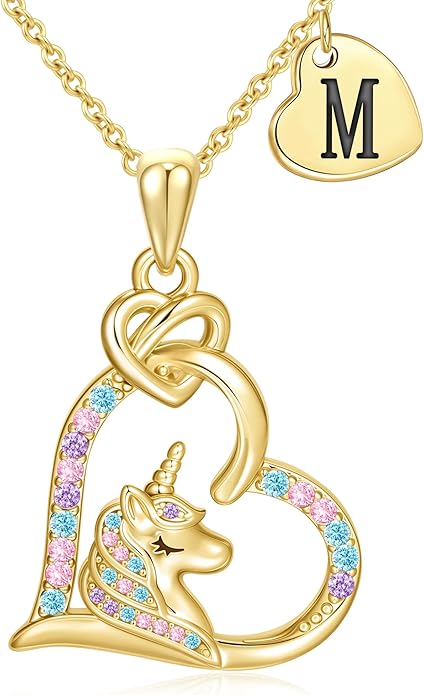 C-leen Unicorn Necklaces Gifts for Girls, 14K Gold Plated Colorful CZ Heart Initial Pendant Unicorn Necklaces for Girls Teens Jewelry Birthday Gifts
