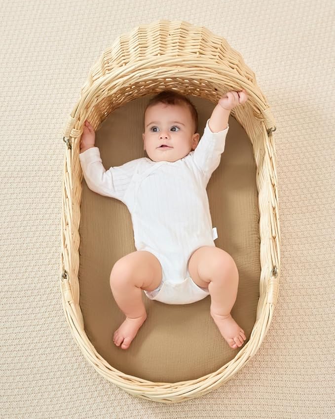 JELLYMONI 2-Pack Muslin Bassinet Sheets for Girls Boys, 100% Cotton Bassinet Mattress Sheets Soft Breathable Universal Fit for Baby Bassinets, Moses Basket, Hourglass Oval and Rectangle Mattress