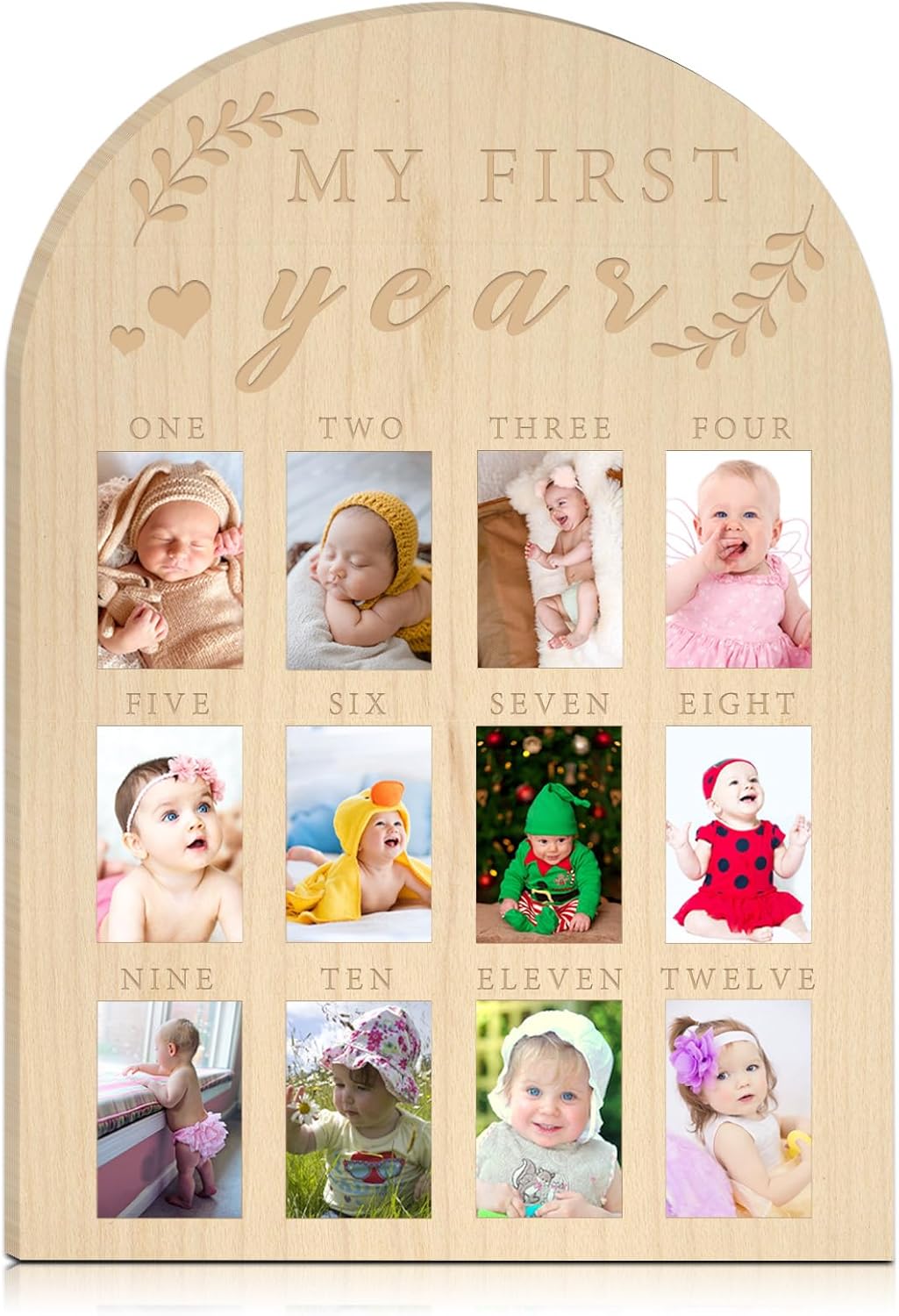My First Year Photo Display Wood Board Baby's First Year Photo Frame Milestone Board 12 Months Baby Picture Frame 1st Birthday Nursery Decorations for Boy Girl Baby Keepsake Gift for Mom (2" x 3" photos - Wallet Size)