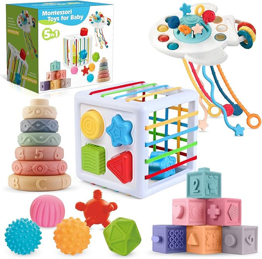 Baby Toys 6-12 Months, Montessori Toys,Baby Teething Toys, Sensory Bin Toy, Stacking Building Blocks & Rings Infants,Sorting Sensory Learning Gift for Toddlers for Toddlers 0-3-6-9-12 Month, 5 in 1
