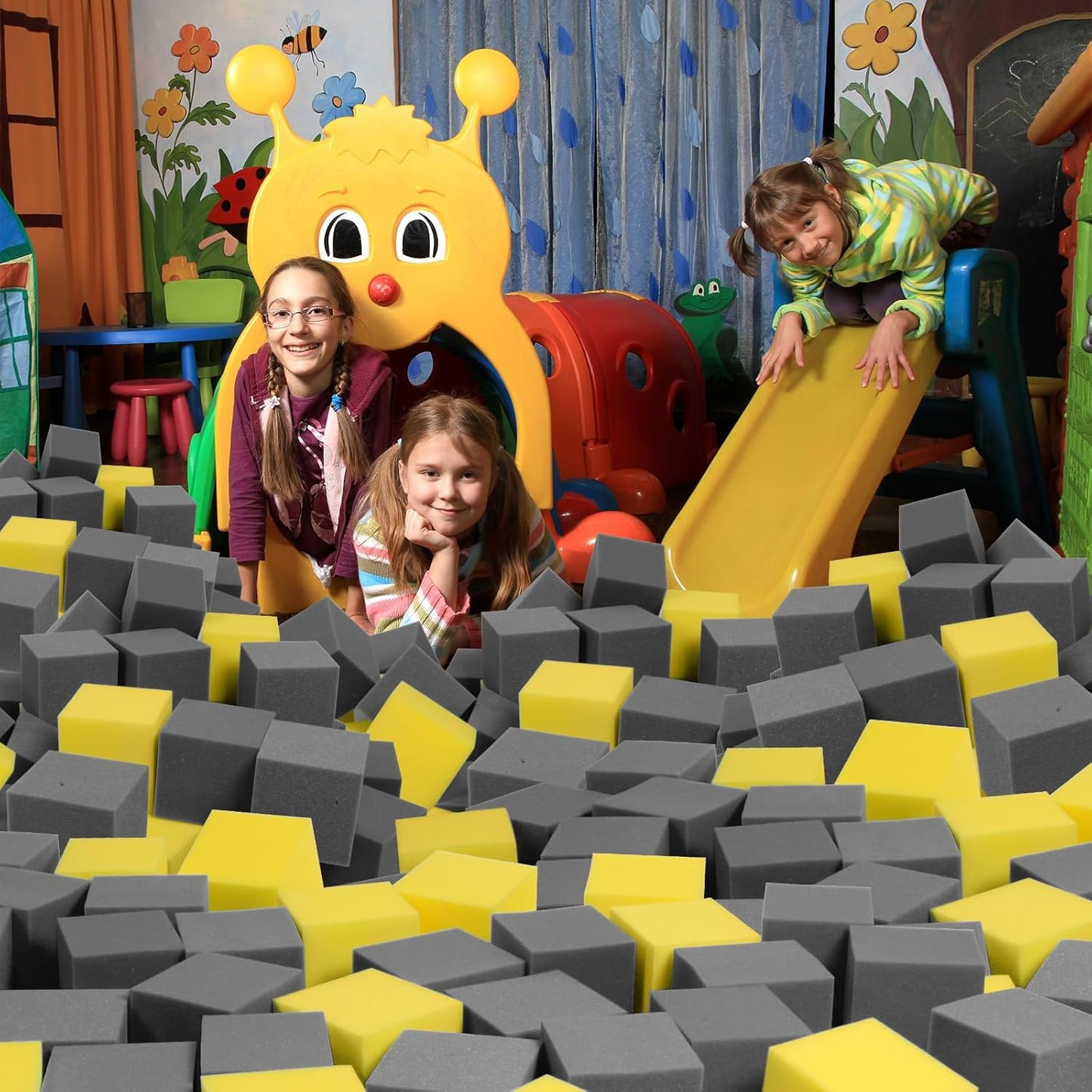 Foam Pit Cubes, 24 PCS 5 Inches Gymnastics Foam Blocks Trampoline Blocks, Multi-Sport Protective Padding for Gymnastics, Trampoline, Parkour, Skate Parks & BMX - Dark Grey & Yellow