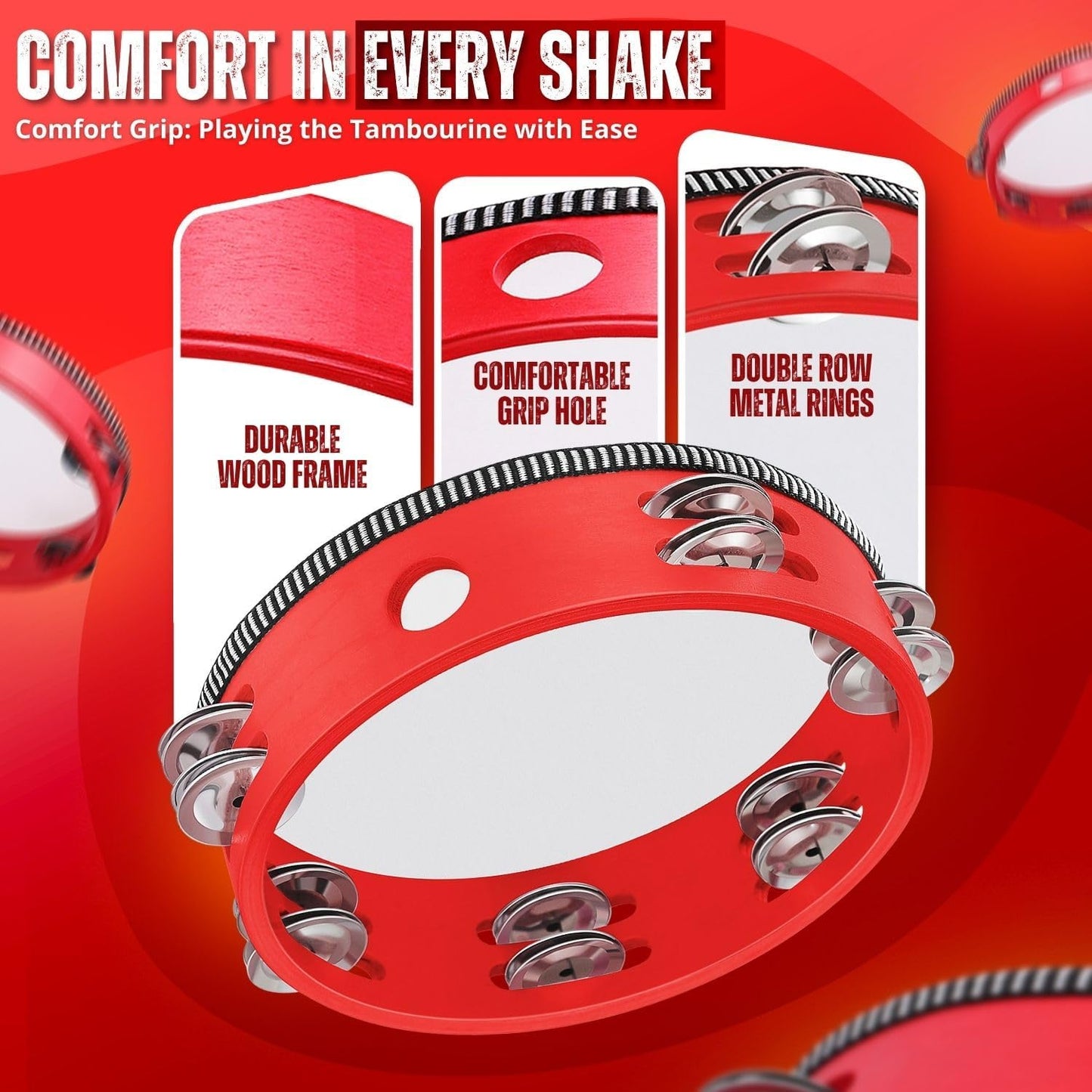 Flexzion Wood Handheld Tambourine (2 Pack) 8 Inch Double Row 12 Pair Jingles, Hand Held Percussion Drum Moon Musical Instrument with Metal Bell