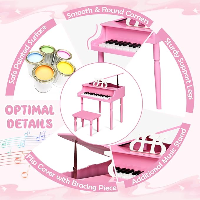 Goplus 30-Key Classical Kids Piano, Mini Grand Piano Wooden Learn-to-Play Musical Instrument Toy with Bench, Piano Lid, Music Rack, Gift for Boys Girls Aged 2+ Baby Toddler(4 Straight Leg-Pink)
