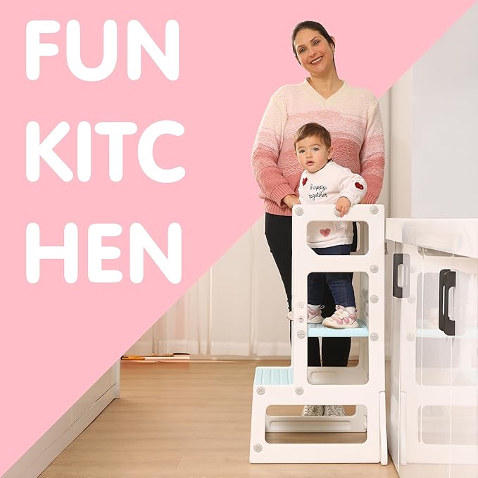 SDADI Adjustable Height Kids Kitchen Step Stool with Removable Safety Rails and Anti-Slip Protection- Toddler Standing Tower with with Ring Toss for Learning and Playing (Beige and Blue)