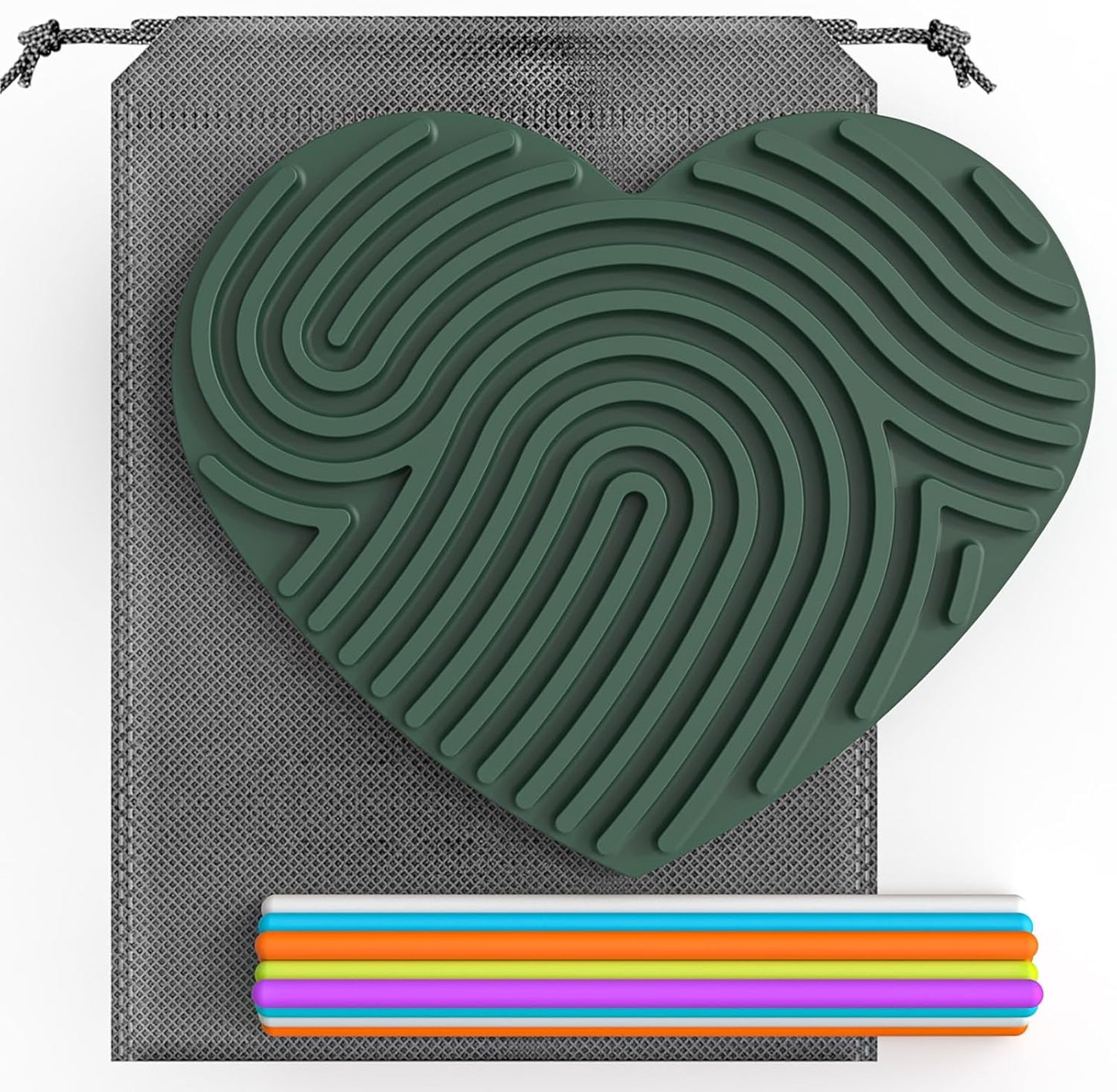 Silicone Sensory Activity Board, Silent Fidget Toys for Calming, Anxiety, Stress, ADHD and Autism, Kids 3+ & Adults, Portable with Travel Bag & 13 Colored Strings (Deep Green-Heart Shape)
