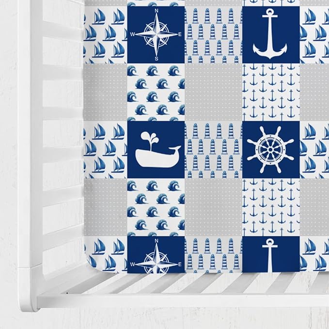 Navy Nautical Life Baby Crib Fitted Sheet 52''x28'' Sea Marine Lighthouse Compass Whale Fitted Crib Mattress Sheet for Boy Girl Nursery Bed Sheets for Standard Crib and Toddler Mattress
